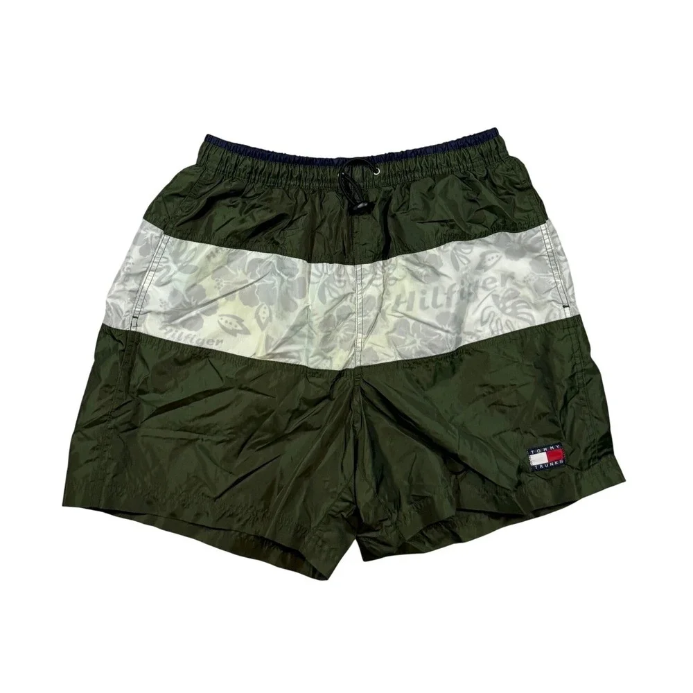 VTG Y2K Tommy Hilfiger Swim Trunks Mens M Green Tropical Bathing Suit Shorts 90s